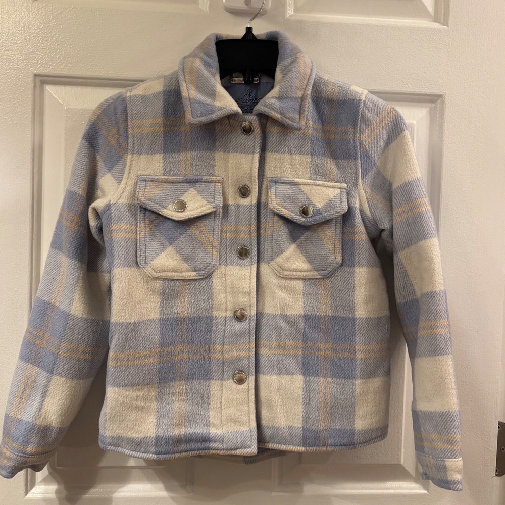 Jou Jou Girls Blue Plaid Quilted Lined Shacket Jacket Medium 10/12